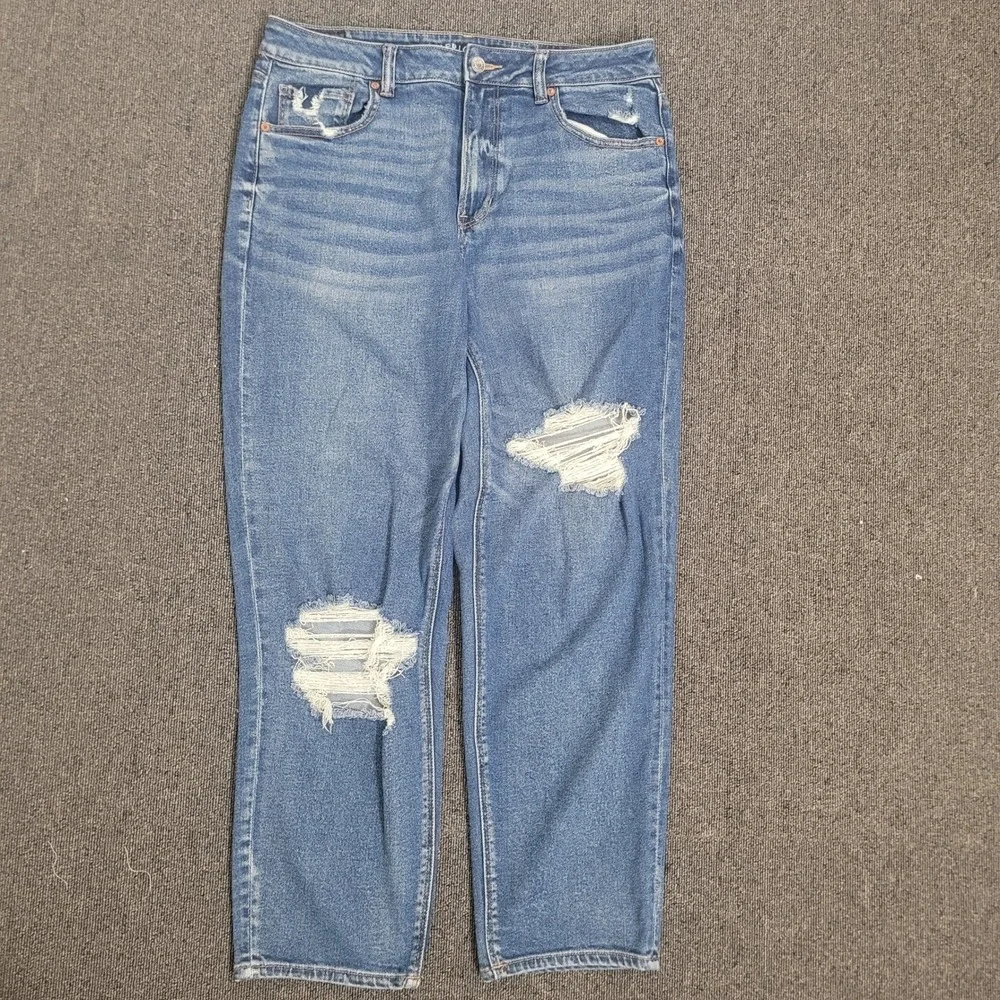American Eagle 14 Mom Jeans Womens Blue Distressed High Rise Stretch Denim